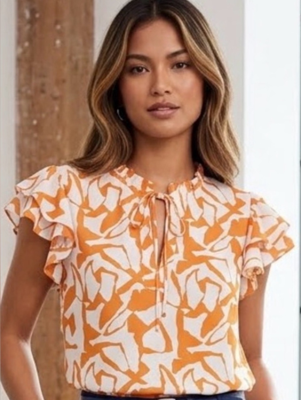 1.STATE Flutter Sleeve Tie Neck Blouse | Size Small